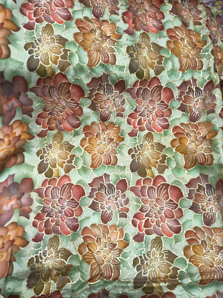 Mint Green Multicolor Floral Embroidered Fabric (Per Meter)