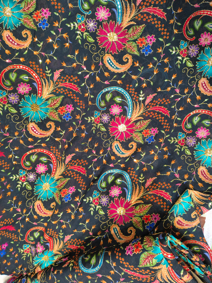 Black Multicolor Floral & Paisley Embroidered Fabric (Per Meter)