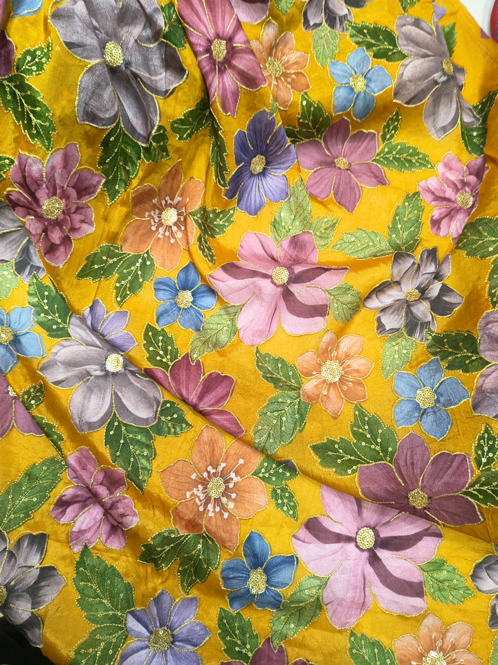 Mustard Yellow Multicolor Floral Embroidered Fabric (Per Meter)