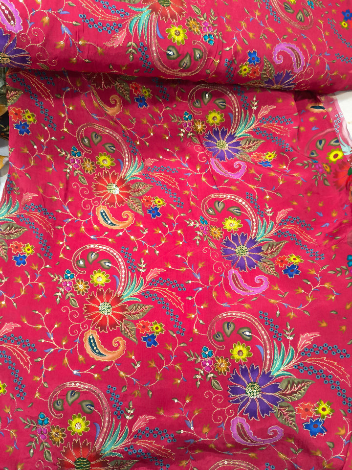 Rani Pink Multicolor Floral & Paisley Embroidered Fabric (Per Meter)