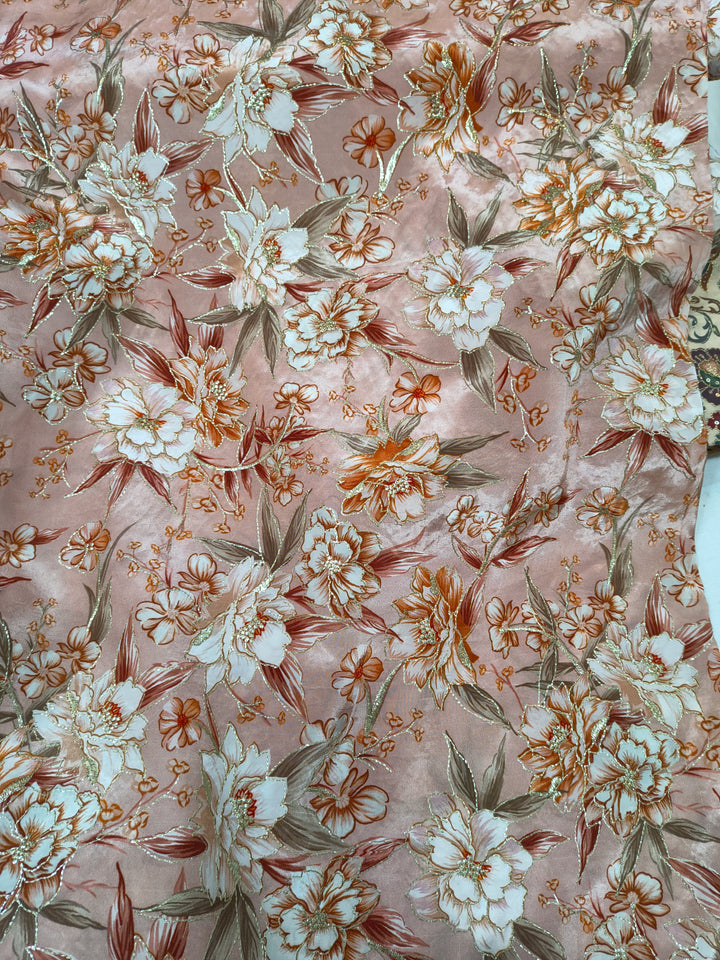 Blush Peach Floral Embroidered Fabric (Per Meter)