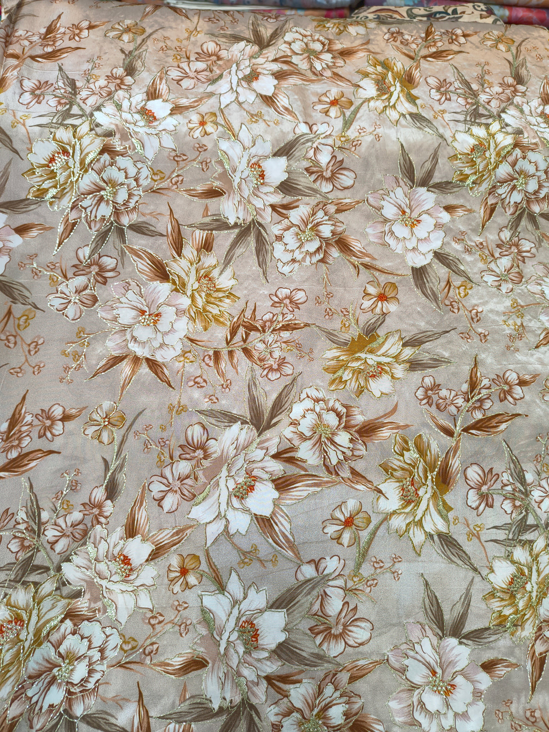 Soft Beige Floral Embroidered Fabric (Per Meter)