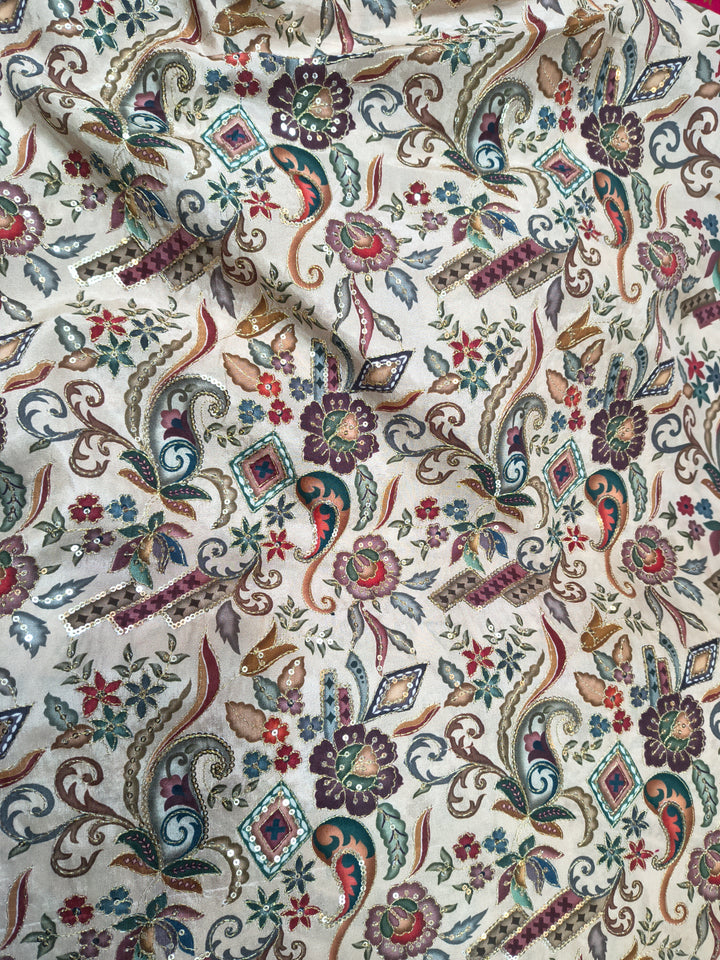 Ivory Multicolor Paisley & Floral Embroidered Fabric (Per Meter)