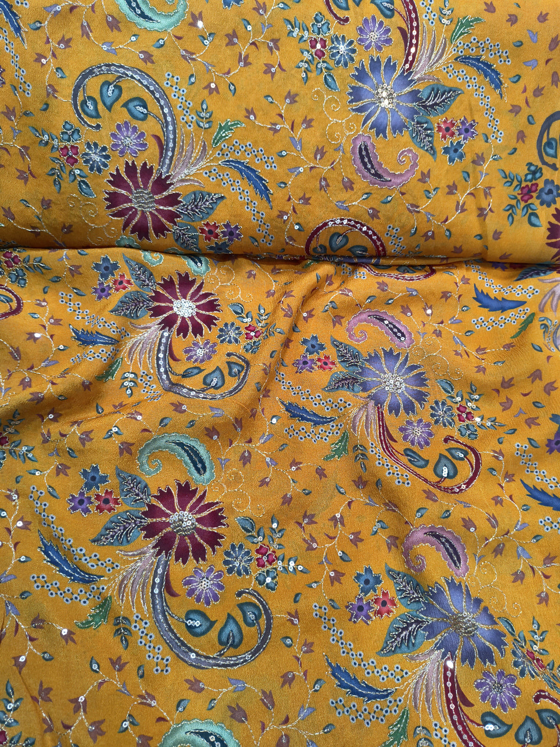 Mustard Yellow Multicolor Floral & Paisley Embroidered Fabric (Per Meter)