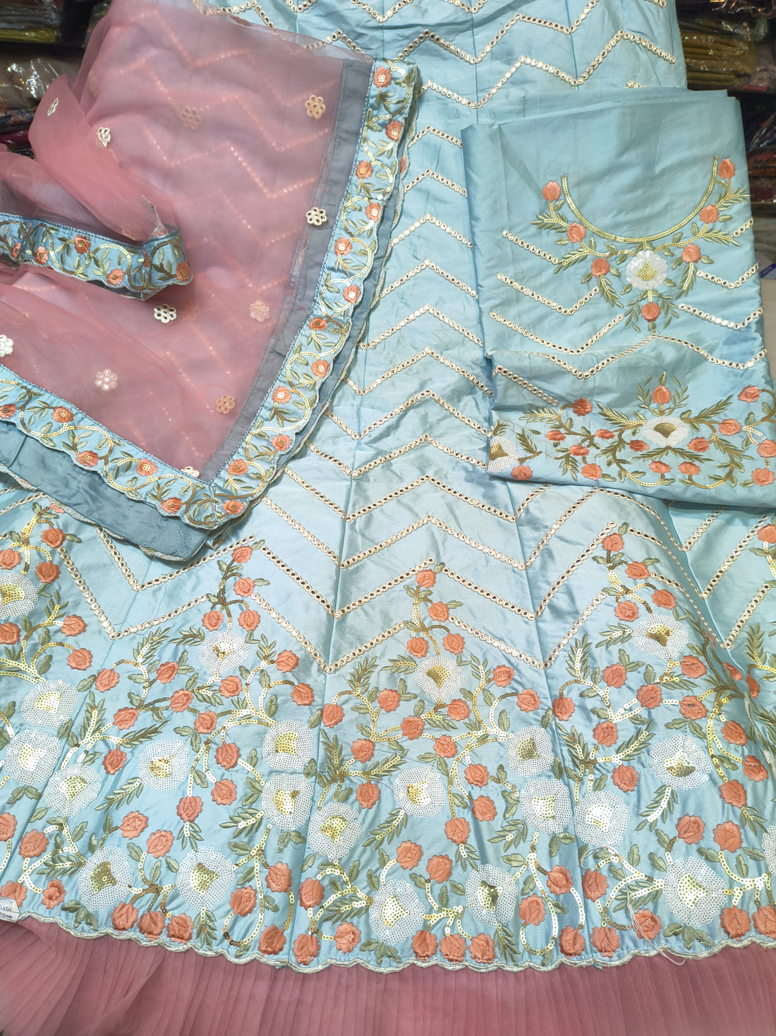 Sky Blue & Blush Pink Embroidered Net Lehenga Choli (Unstitched)