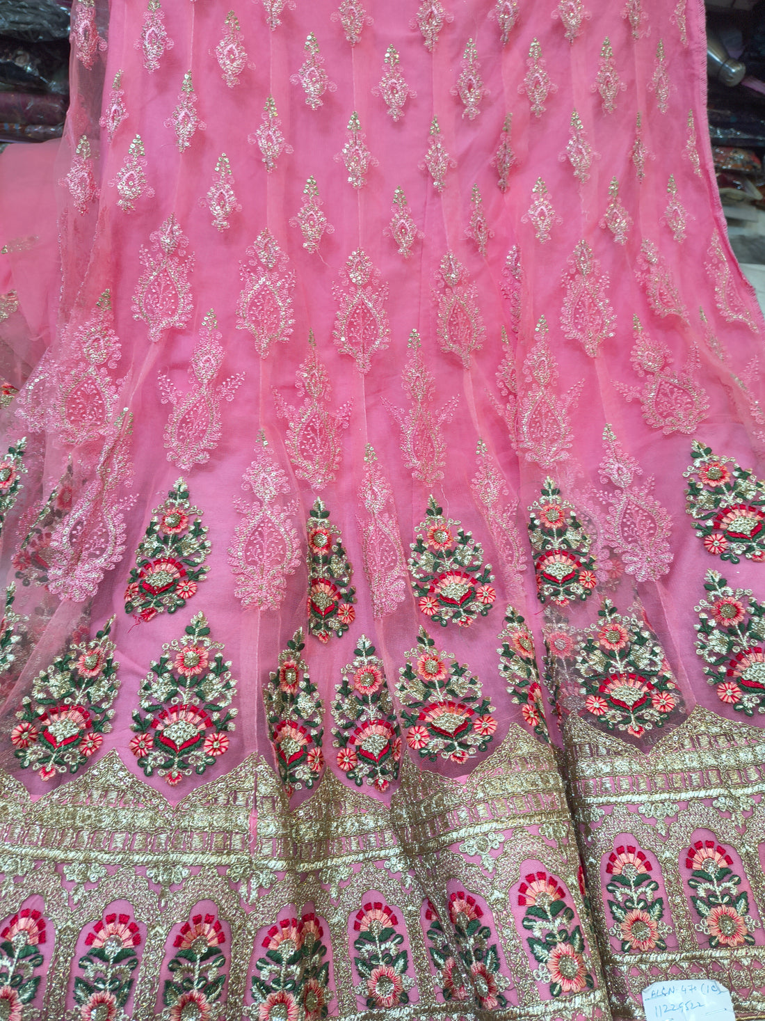 Pink Embroidered Net Lehenga Choli with Floral Border & Dupatta (Unstitched)