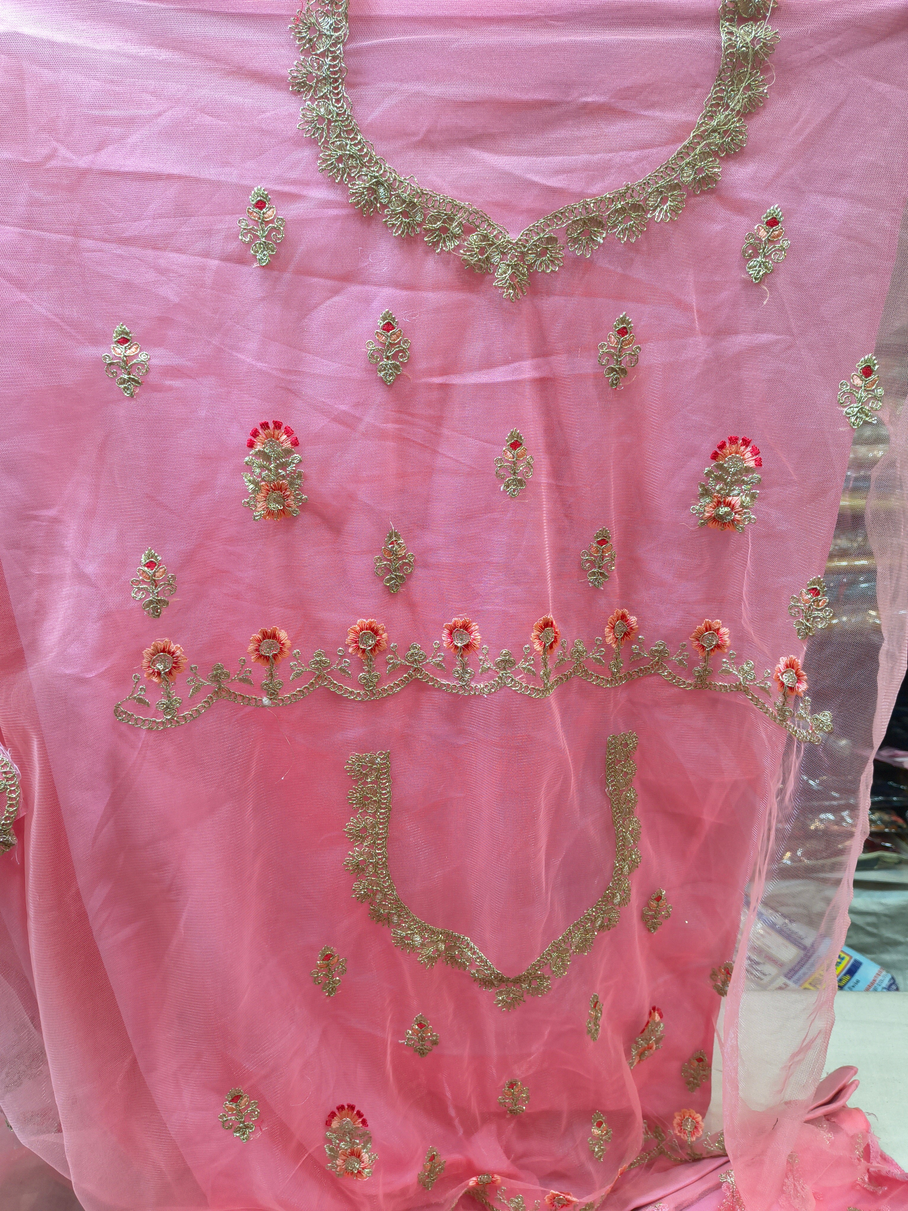 Pink Embroidered Net Lehenga Choli with Floral Border & Dupatta (Unstitched)