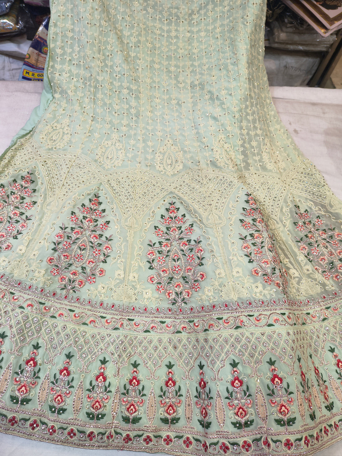 Pista Color Embroidered Net Unstitched Lehenga Choli with Dupatta