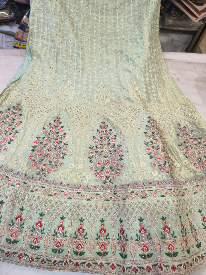 Pista Color Embroidered Net Unstitched Lehenga Choli with Dupatta