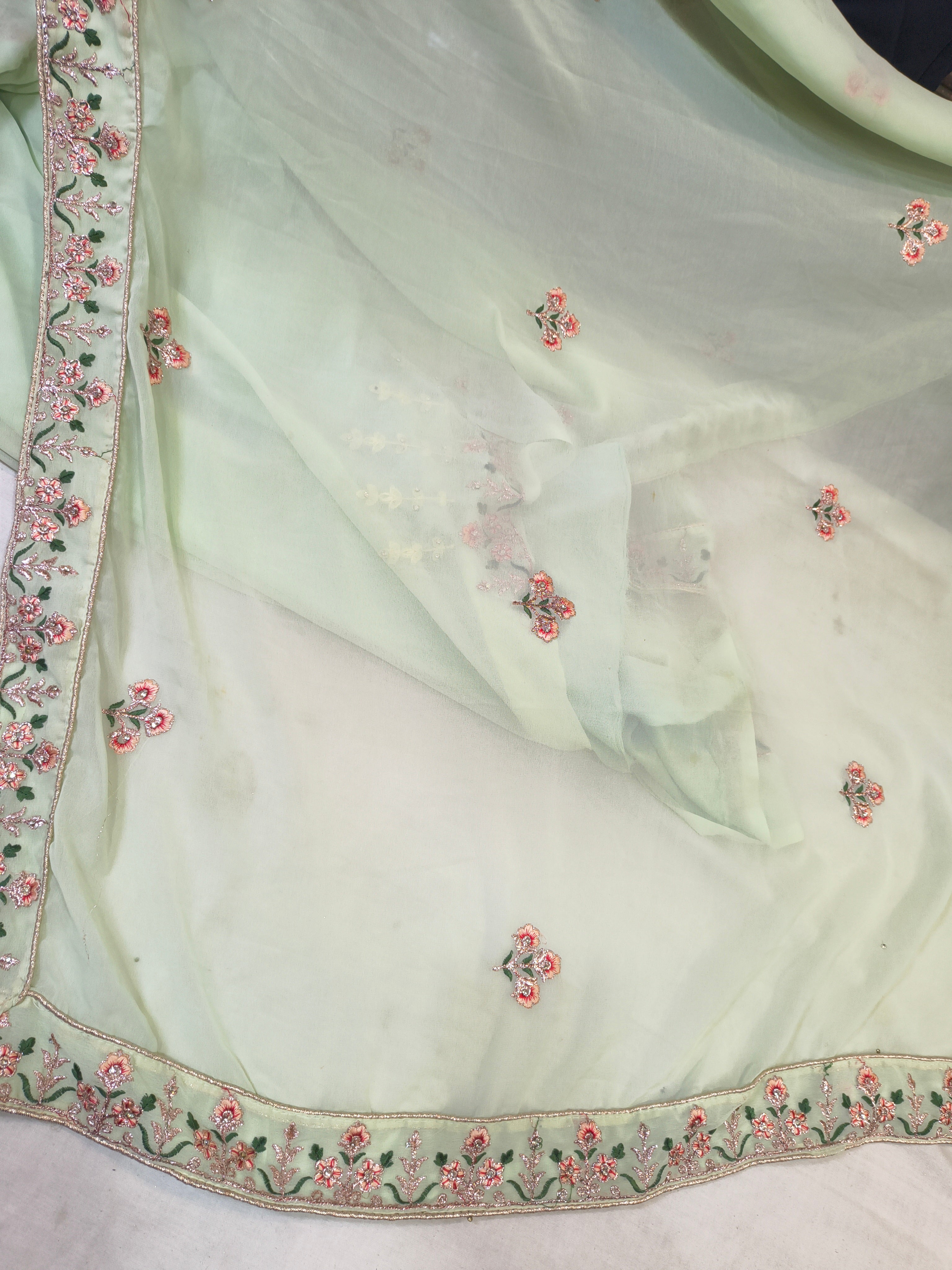Pista Color Embroidered Net Unstitched Lehenga Choli with Dupatta