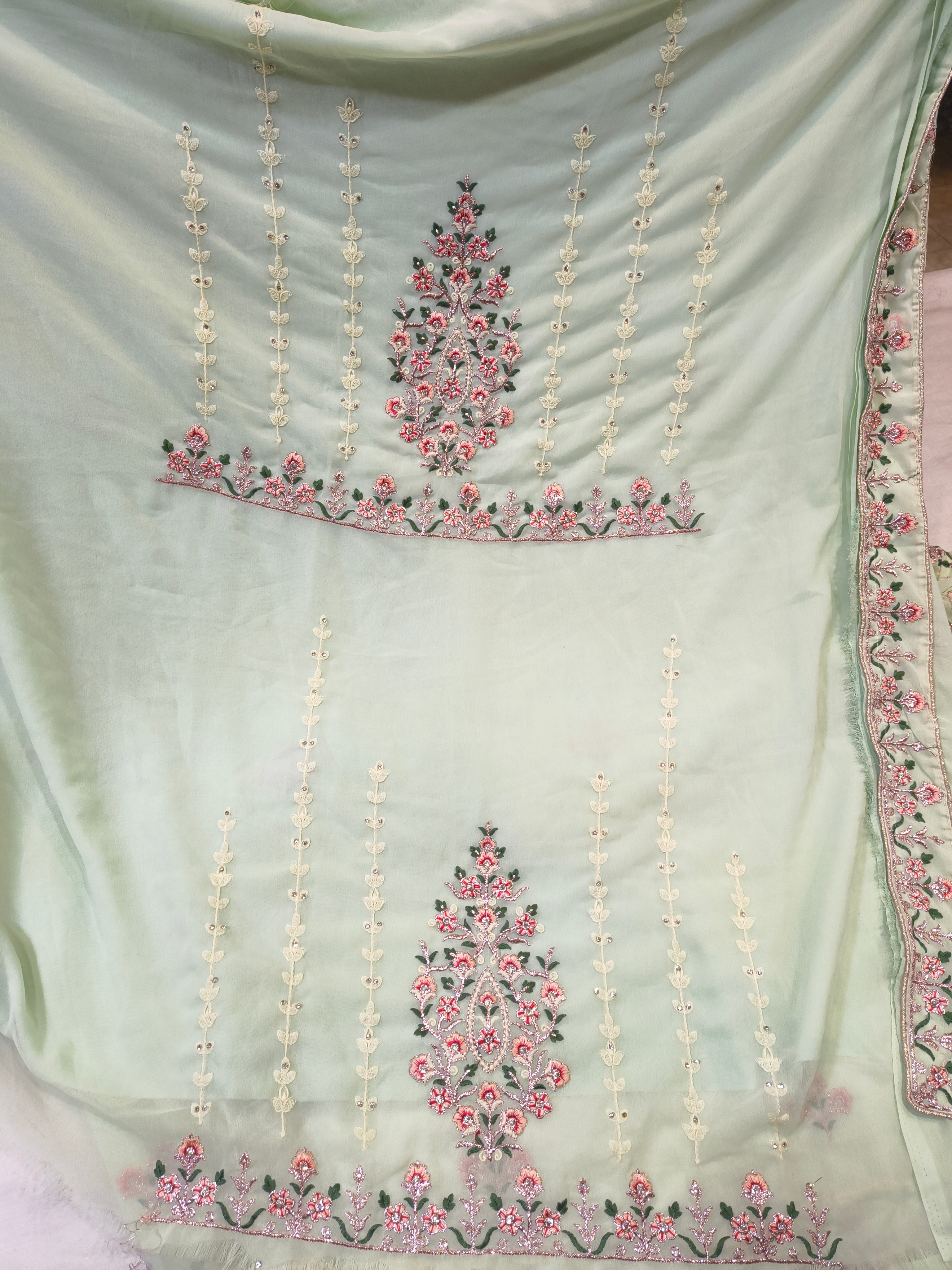 Pista Color Embroidered Net Unstitched Lehenga Choli with Dupatta