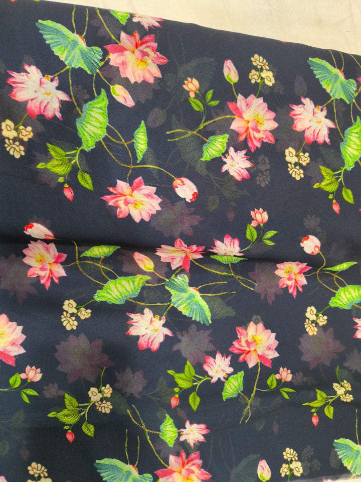 Black Floral Printed Georgette Fabric (Per Meter)