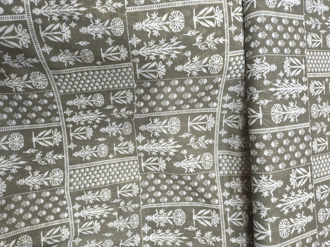 Olive Green Ethnic Printed Georgette Fabric (Per Meter)