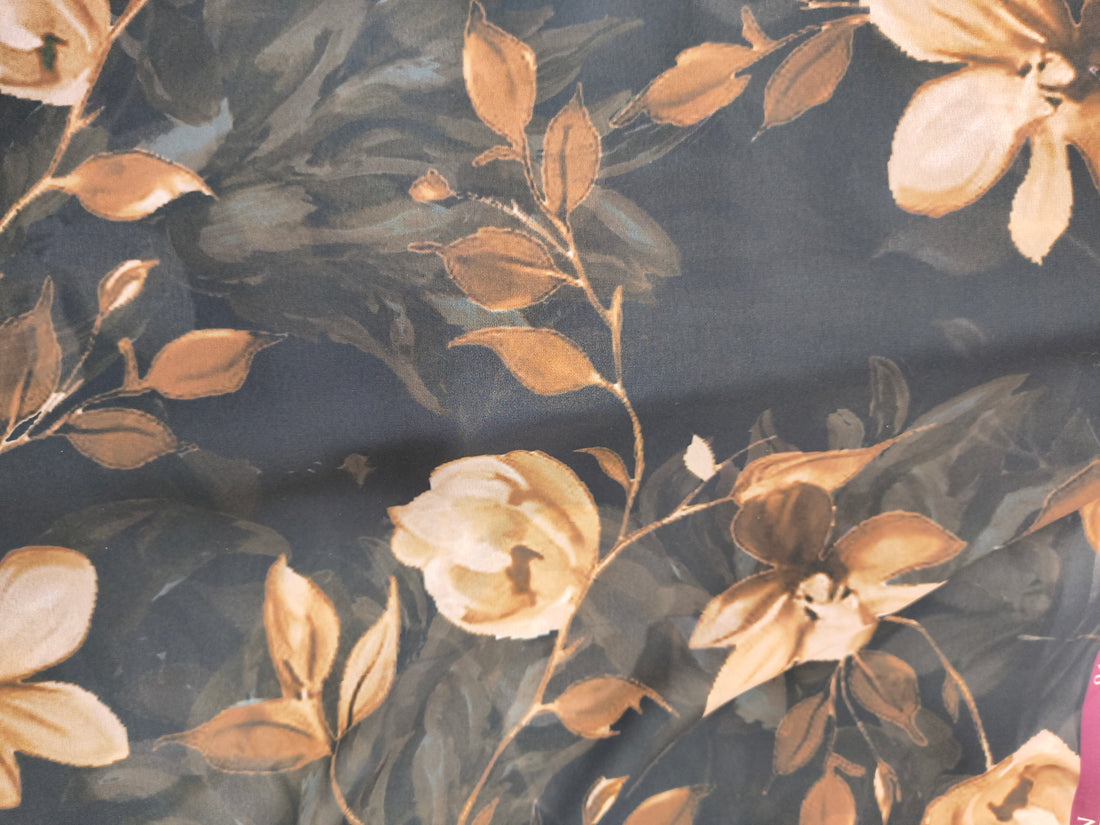 Midnight Black Floral Printed Georgette Fabric (Per Meter)