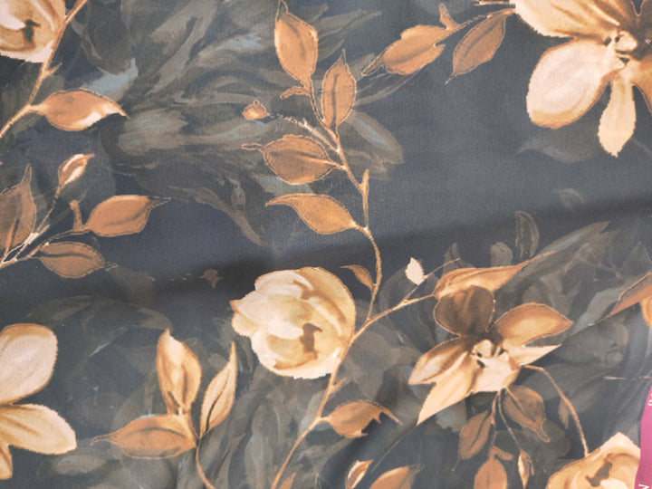 Midnight Black Floral Printed Georgette Fabric (Per Meter)