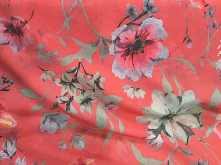 Coral Pink Floral Printed Georgette Fabric (Per Meter)