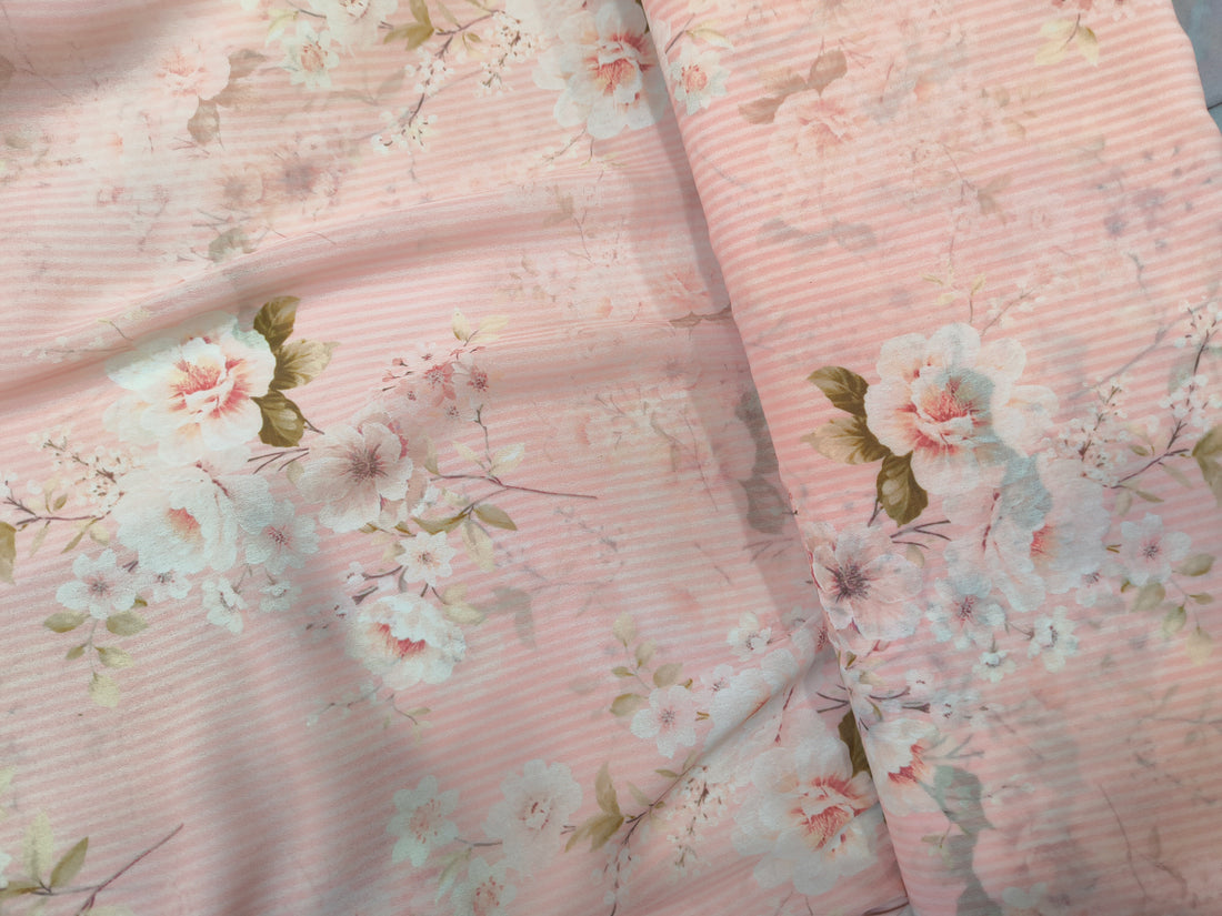 Blush Pink Floral Striped Georgette Fabric (Per Meter)