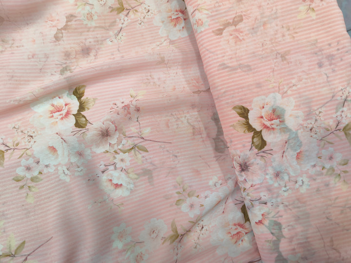 Blush Pink Floral Striped Georgette Fabric (Per Meter)