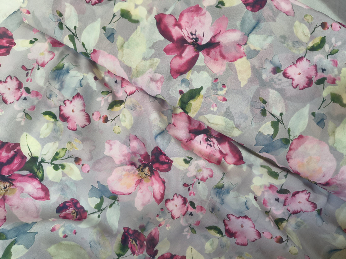 Grey Watercolor Floral Printed Georgette Fabric (Per Meter)