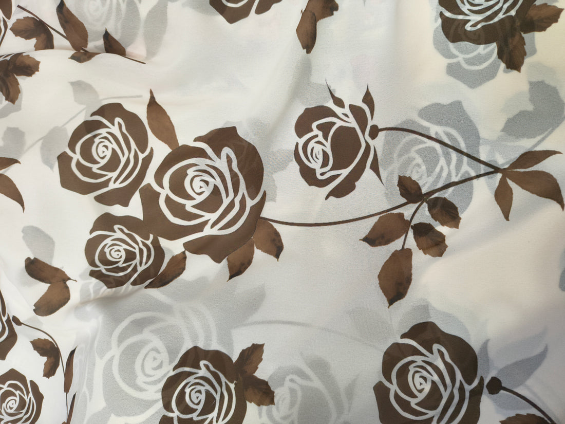 White & Brown Rose Printed Georgette Fabric (Per Meter)