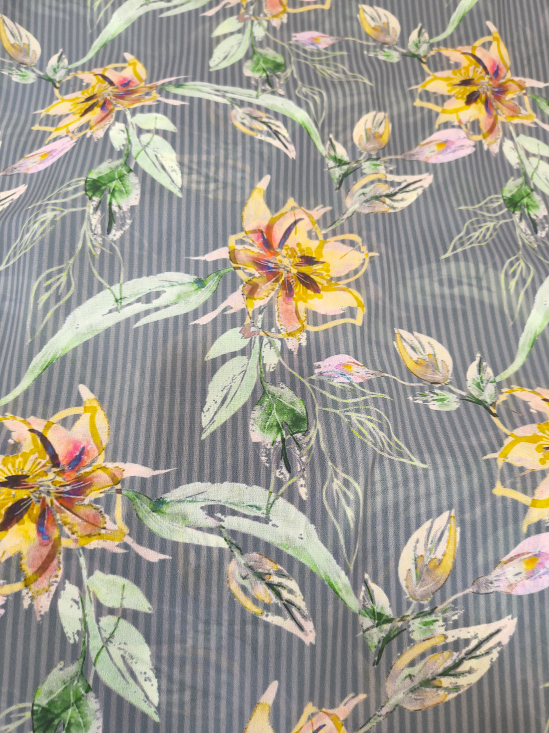Grey Pinstripe Floral Printed Georgette Fabric (Per Meter)