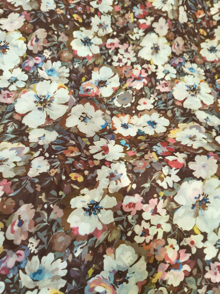Brown Vintage Floral Printed Georgette Fabric (Per Meter)
