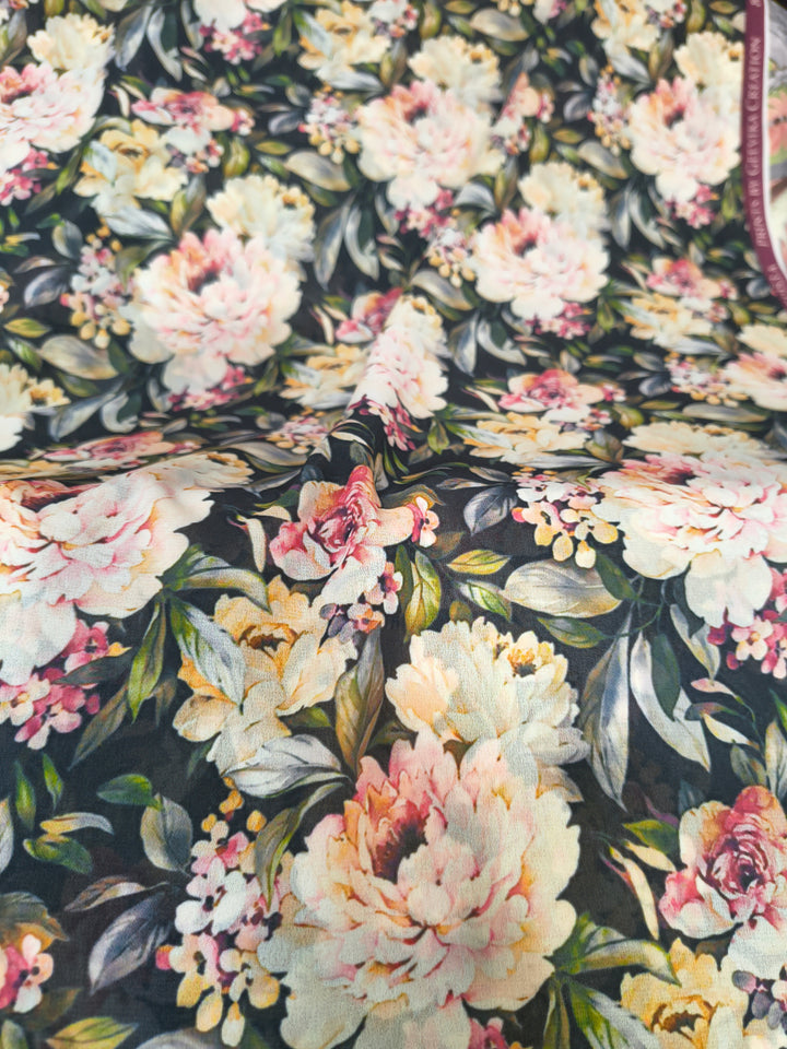Black Base Premium Floral Digital Print Georgette Fabric (Per Meter)