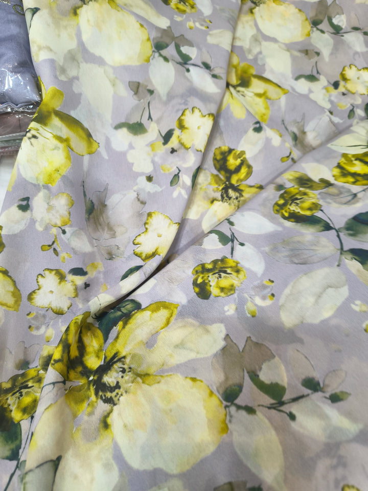 Lavender Grey Yellow Floral Digital Print Satin Fabric (Per Metre)