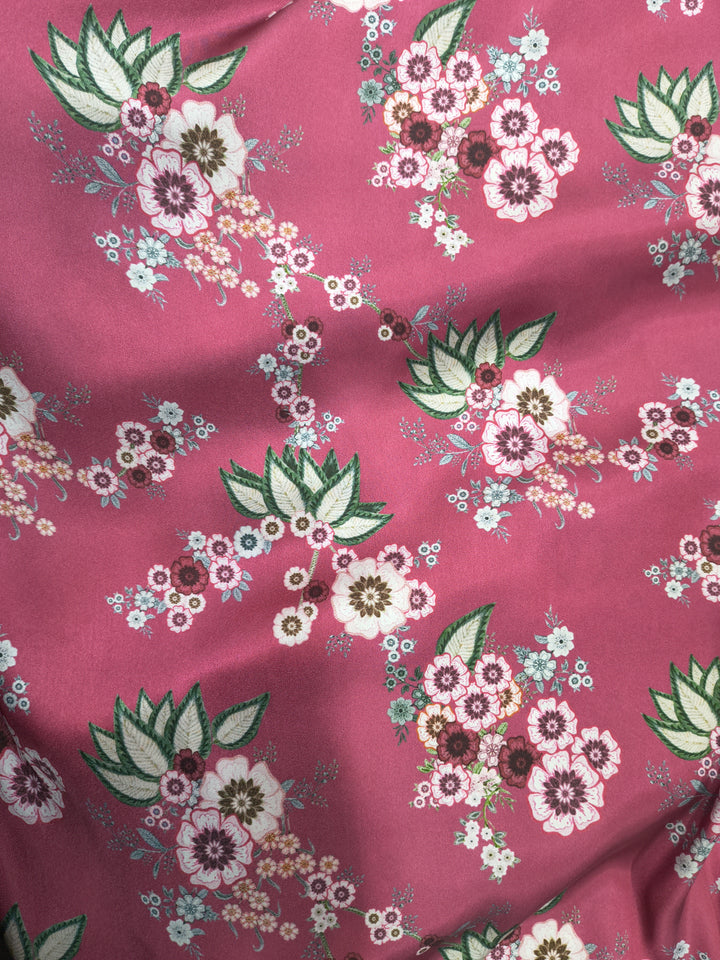 Rose Pink Floral Digital Print Satin Fabric (Per Metre)