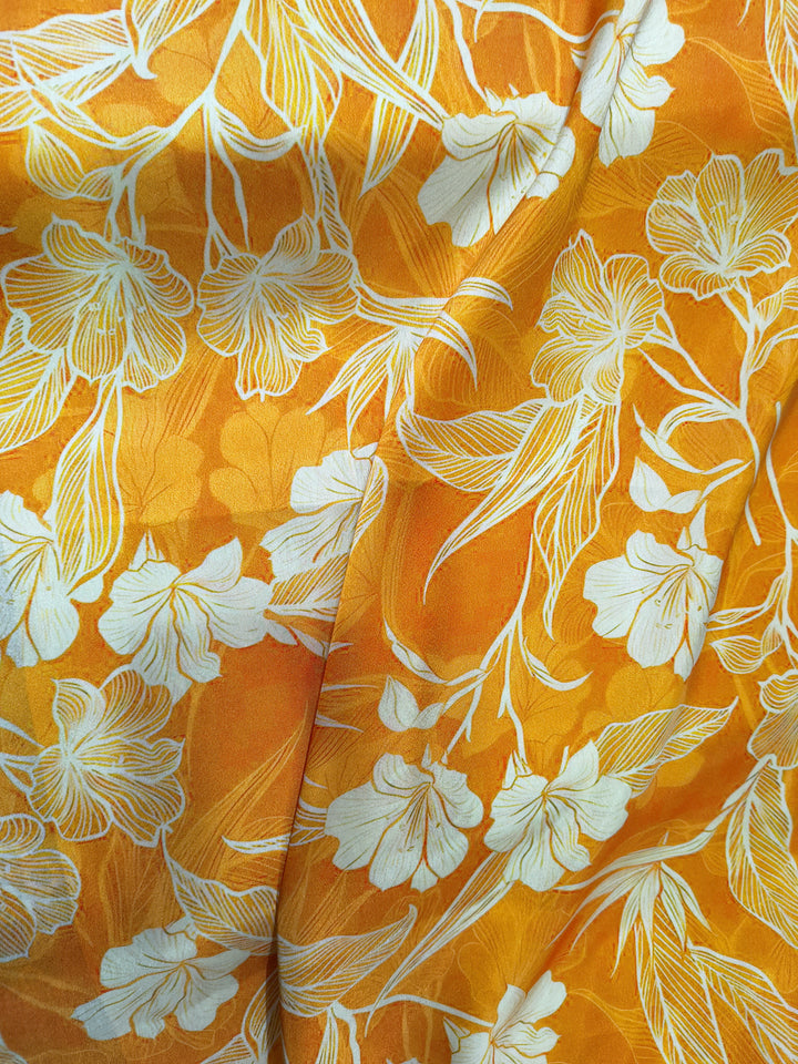 Mustard Yellow Floral Digital Print Satin Fabric (Per Metre)