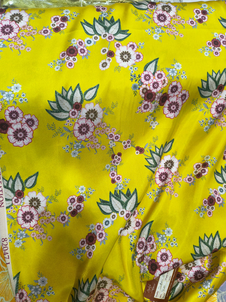 Bright Yellow Floral Digital Print Satin Fabric (Per Metre)