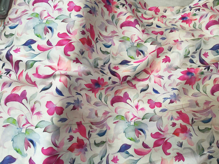 Off White Multicolor Floral Digital Print Satin Fabric (Per Metre)