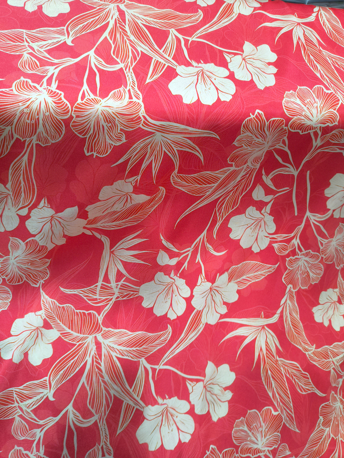 Coral Pink Floral Digital Print Satin Fabric (Per Metre)