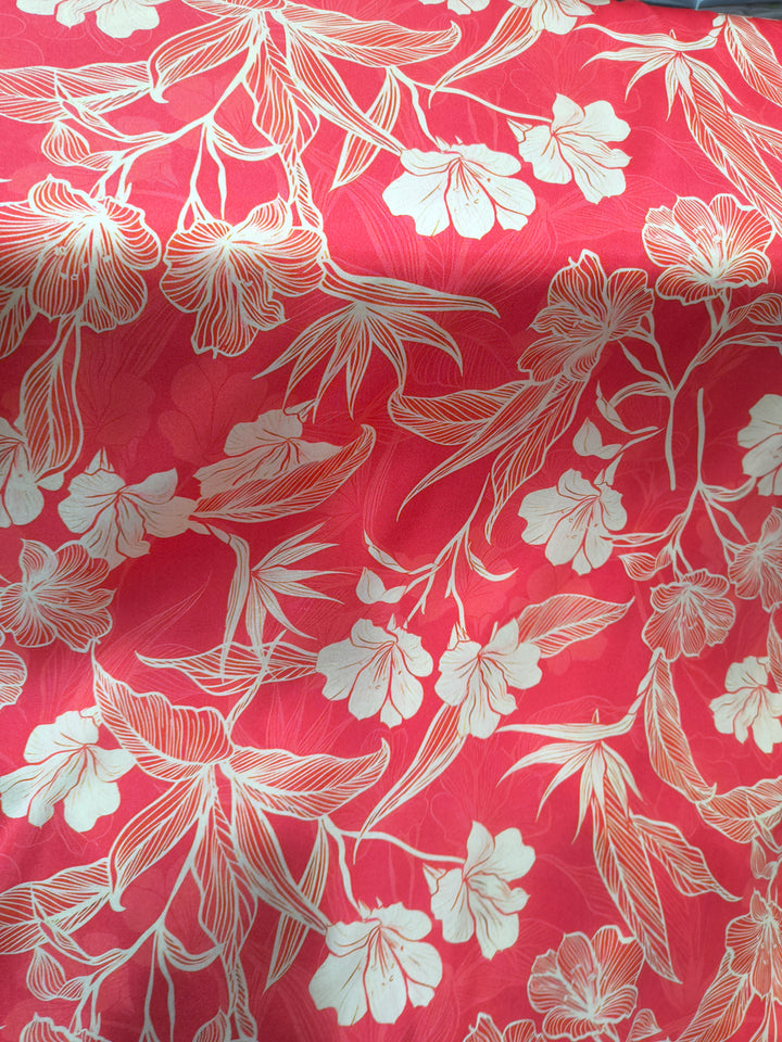Coral Pink Floral Digital Print Satin Fabric (Per Metre)