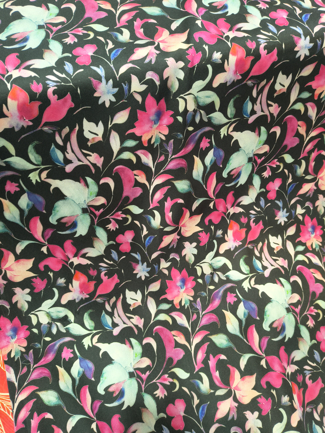 Black Multicolor Floral Digital Print Satin Fabric (Per Metre)