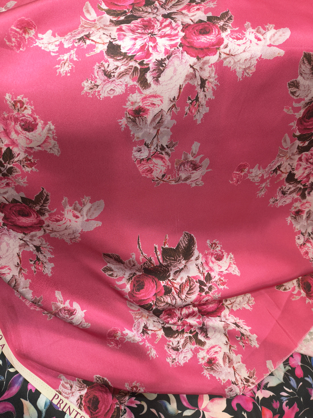 Rose Pink Floral Digital Print Satin Fabric (Per Metre)