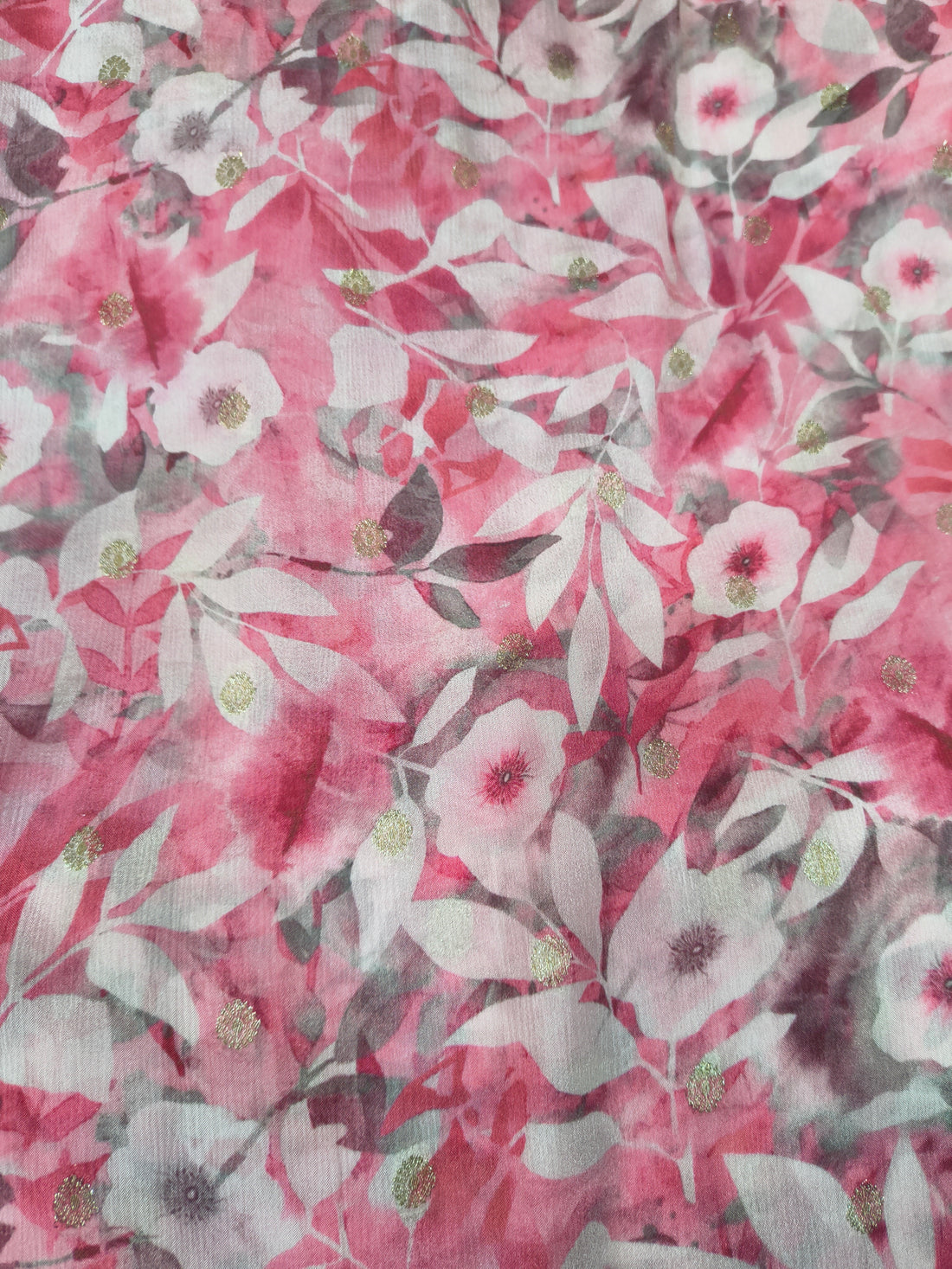 Pink Floral Foil Dot Digital Print Chinon Fabric (Per Metre)