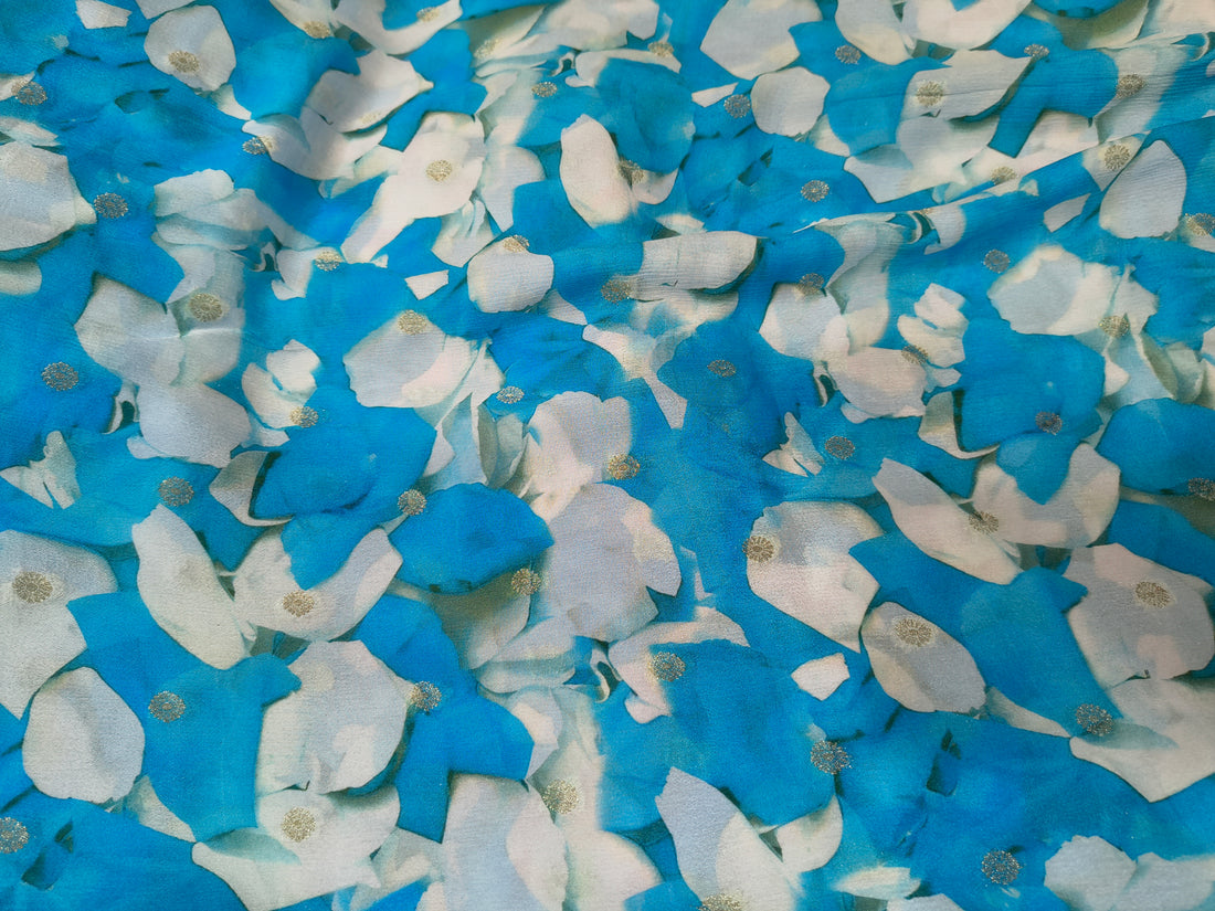 Turquoise Blue Floral Foil Dot Digital Print Chinon Fabric (Per Metre)