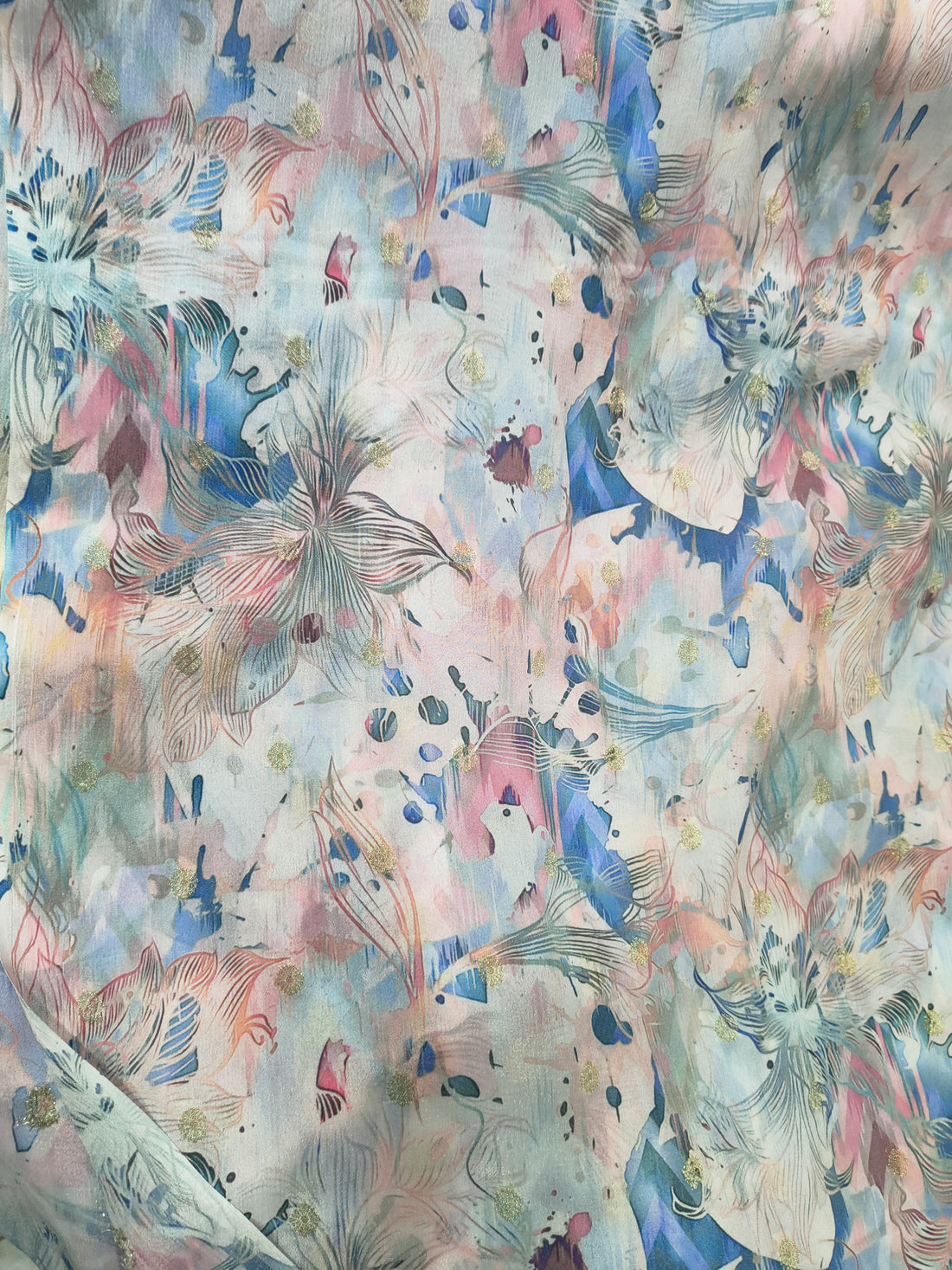 Pastel Multicolor Abstract Floral Foil Dot Digital Print Chinon Fabric (Per Metre)