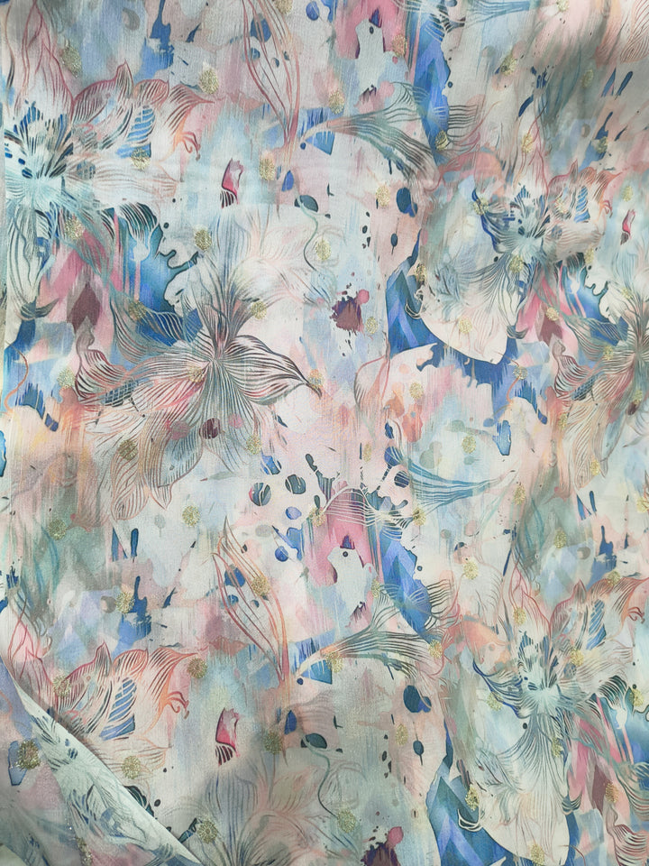 Pastel Multicolor Abstract Floral Foil Dot Digital Print Chinon Fabric (Per Metre)