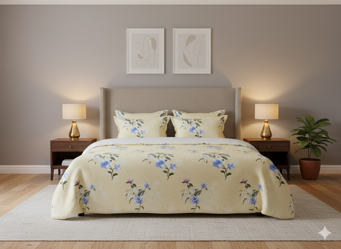 Pastel Yellow Floral Cotton Bedsheet for Single Bed with 2 Pillow Covers