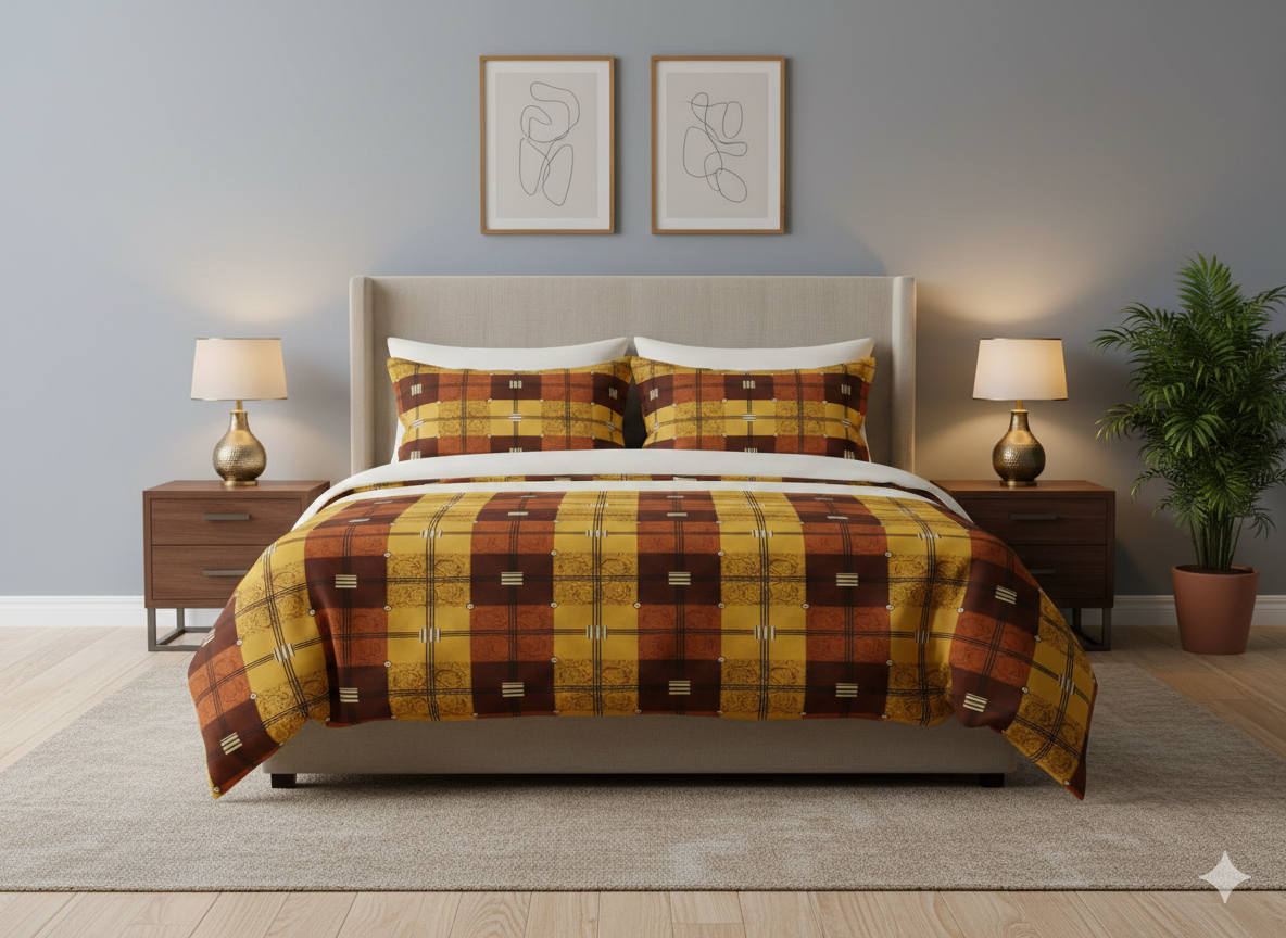Mustard & Brown Checkered Cotton Bedsheet for Single Bed with 2 Pillow Covers