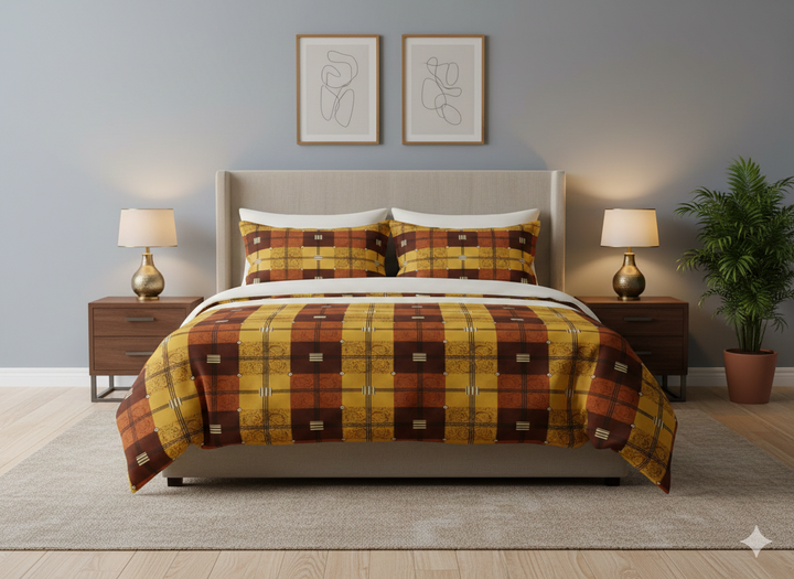 Mustard & Brown Checkered Cotton Bedsheet for Single Bed with 2 Pillow Covers