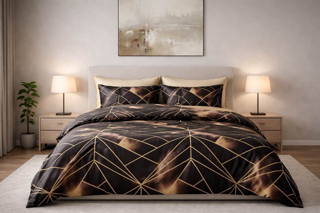 Black & Gold Geometric Cotton Bedsheet for Single Bed with 2 Pillow Covers