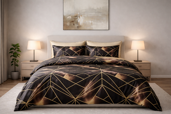 Black & Gold Geometric Cotton Bedsheet for Single Bed with 2 Pillow Covers