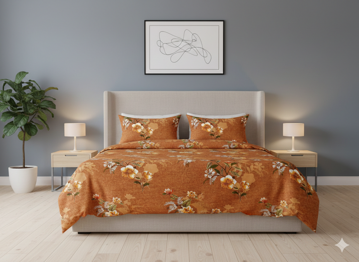 Rust Brown Floral Cotton Bedsheet for Single Bed with 2 Pillow Covers (Monte Carlo Design)