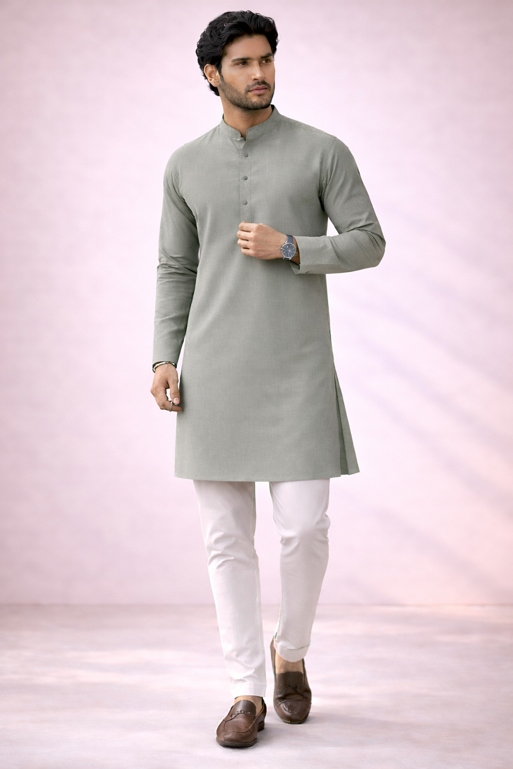 Premium Giza Cotton Fabric Terrace Green for Kurta Pajama (58 Inch Width) Per Meter
