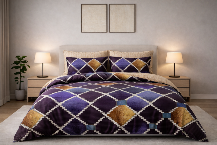 Royal Purple & Mustard Geometric Cotton Bedsheet Set – Single Bed with 2 Pillow Covers