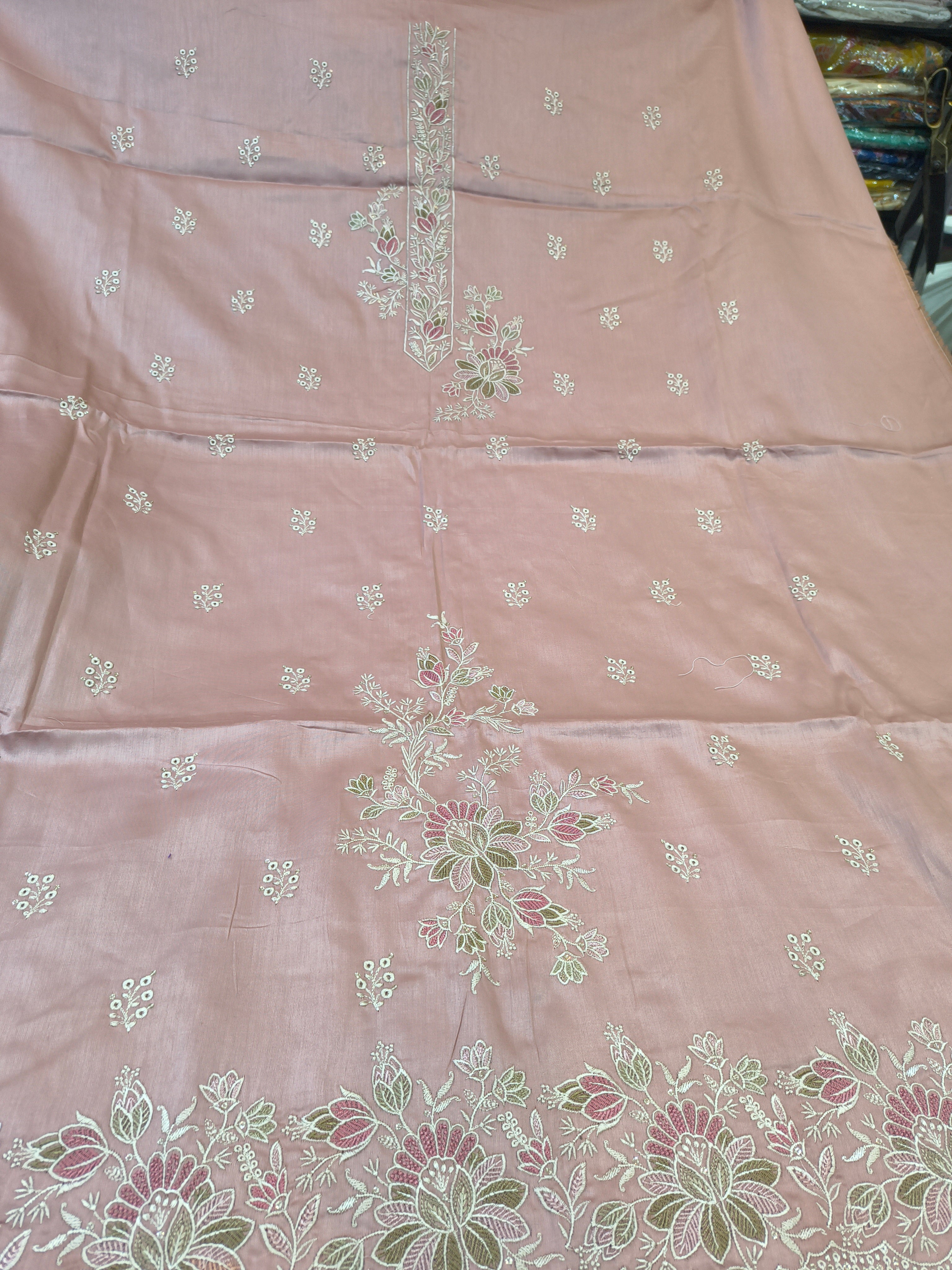Baby Pink Embroidered Unstitched Suit Fabric Set with Designer Dupatta