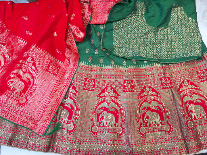 Red & Green Banarasi Silk Unstitched Lehenga Choli with Elephant Zari Border